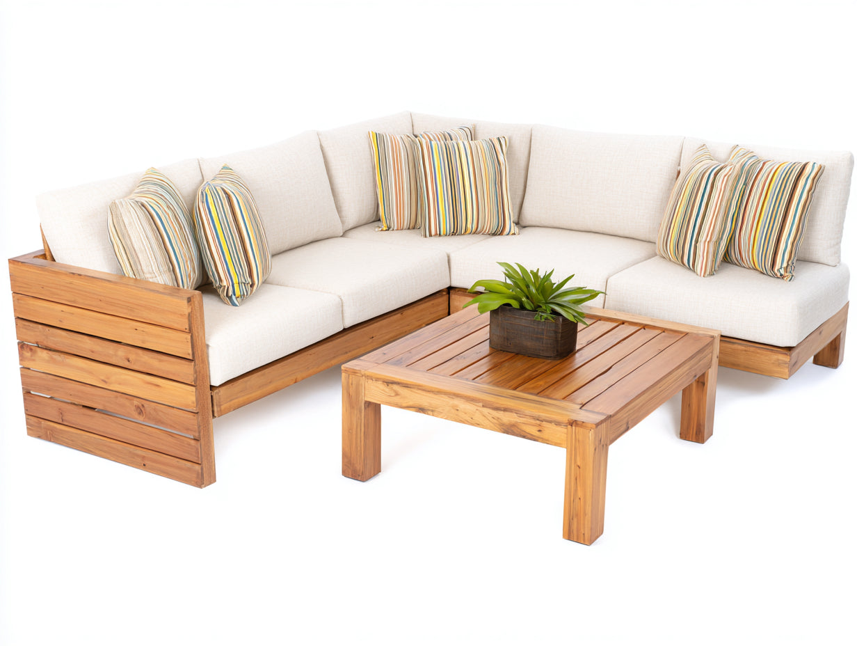 Sofás de exterior de madera 260x260x78 cm - madera natural-beige - diseño esquinero con mesa para jardín
