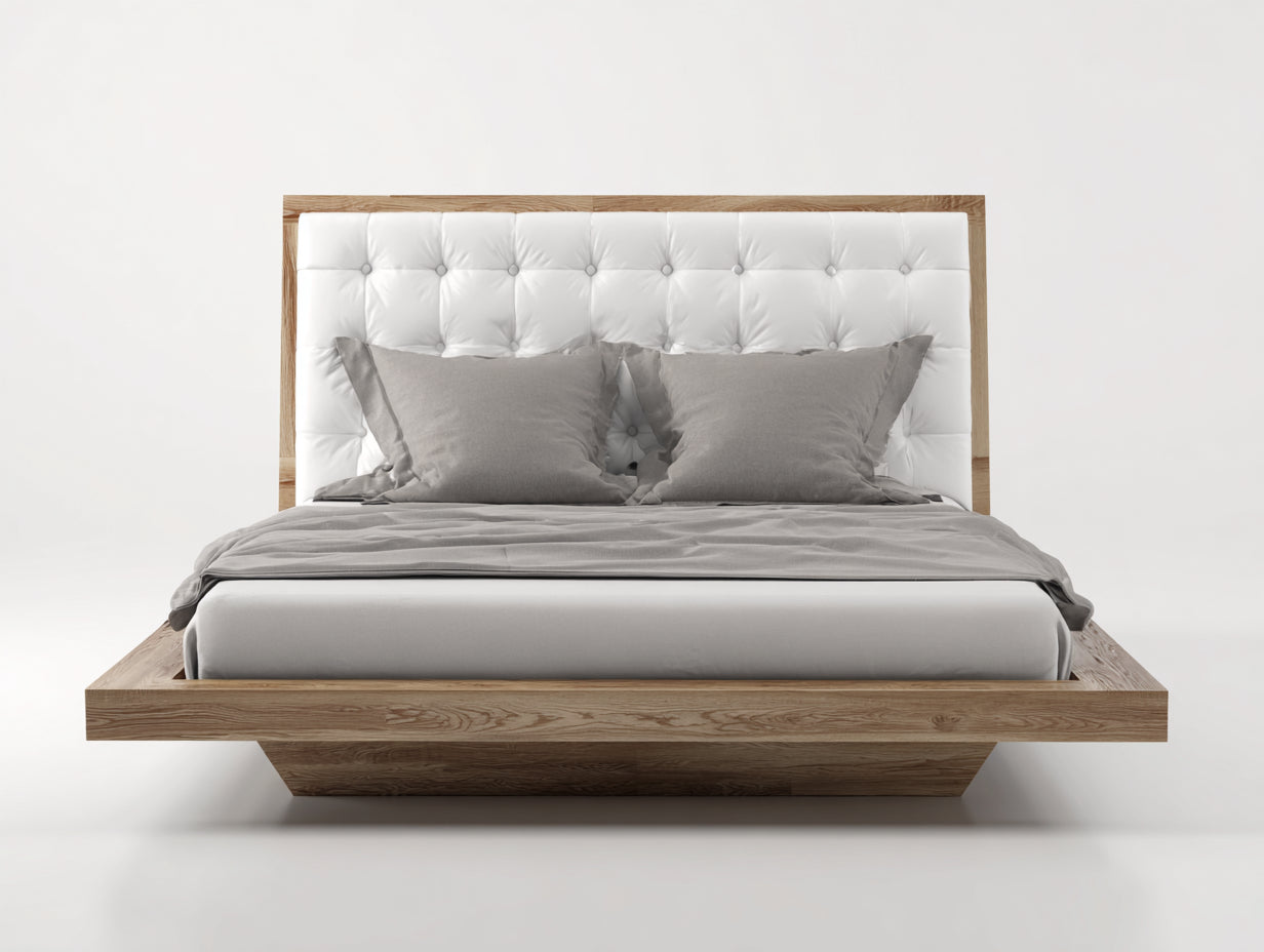 Camas dobles de madera y cuero sintético 220x180x110 cm - marrón-blanco - diseño moderno con cabecero capitoné