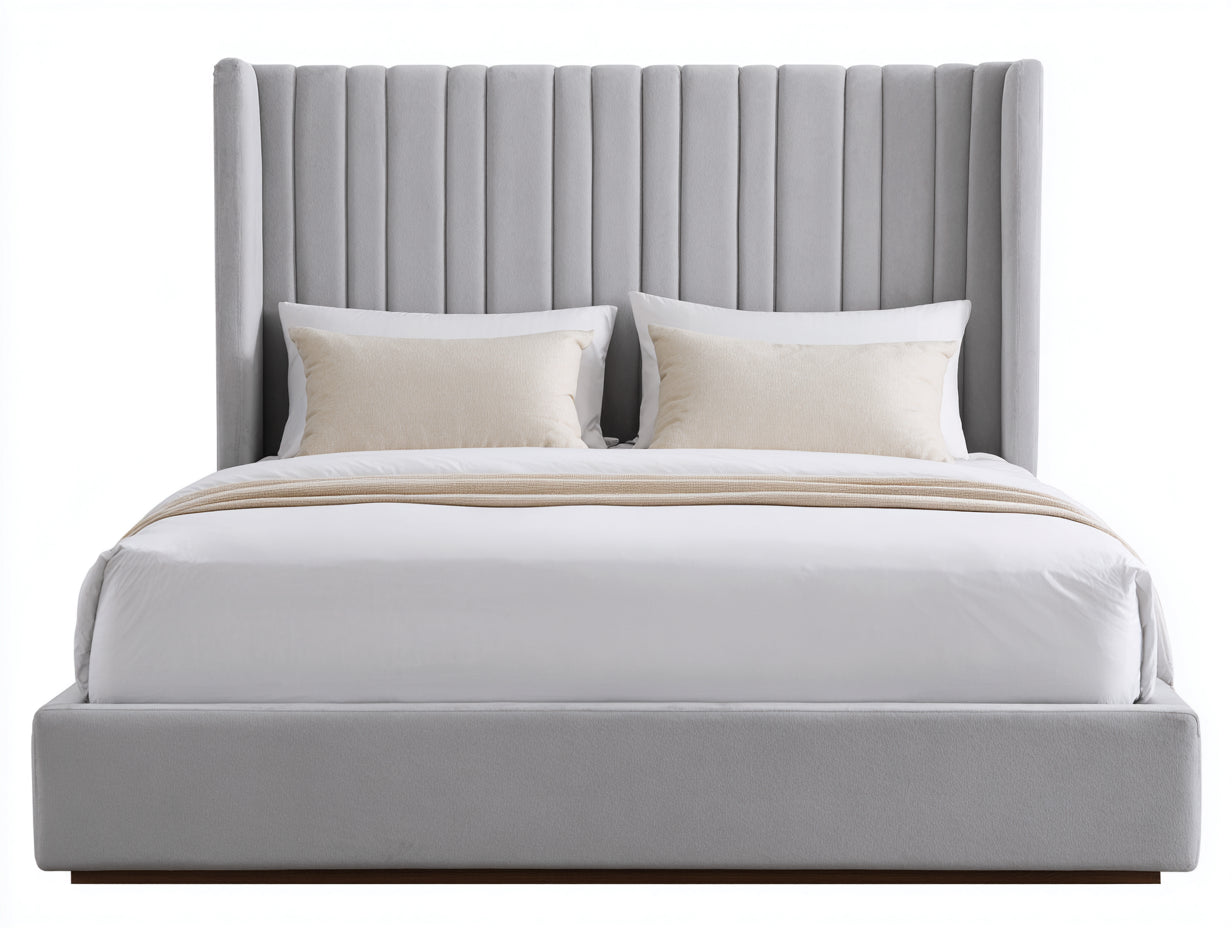 Camas dobles de tela 220x180x125 cm - gris - diseño moderno con cabecero alto acanalado