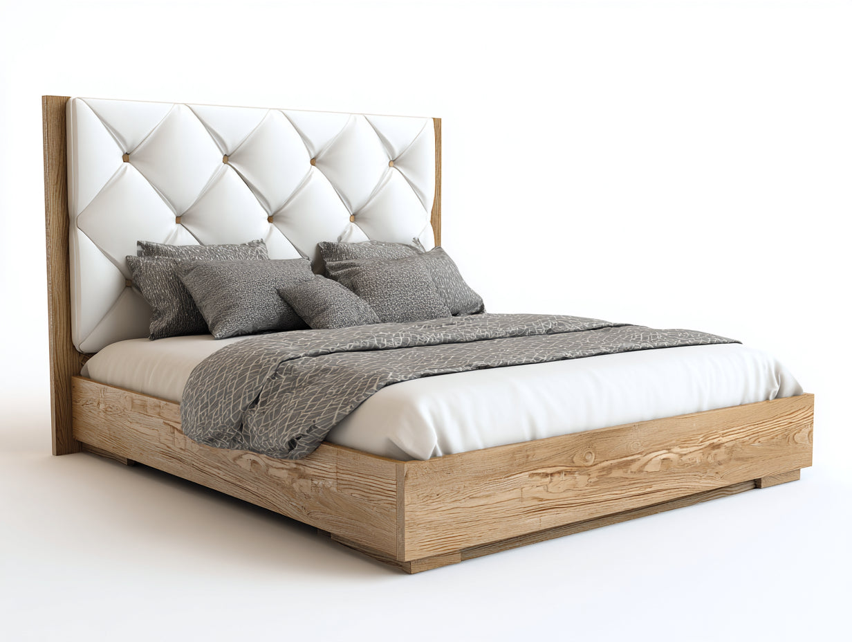 Camas dobles de madera 200x160x118 cm - madera natural-blanco - cabecero capitoné para dormitorio