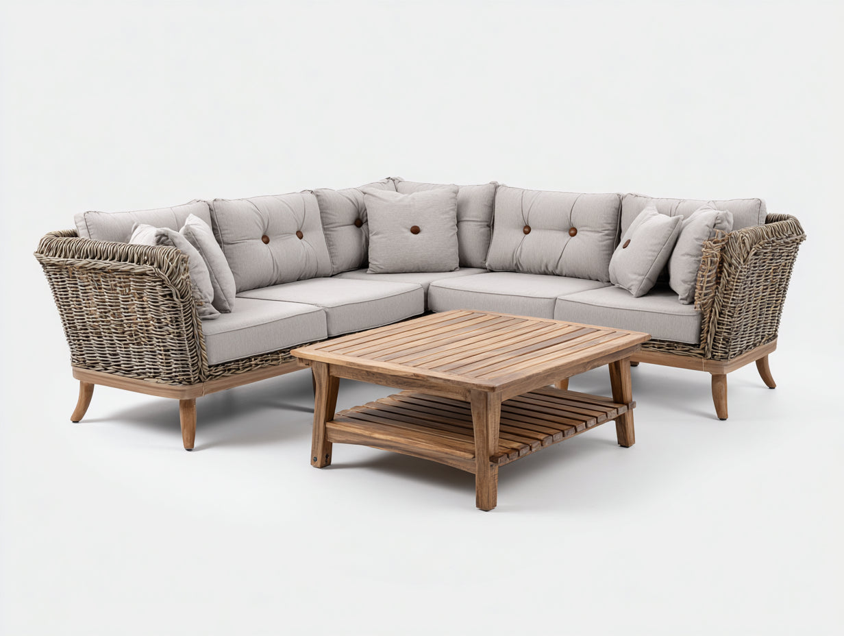 Sofás de exterior de ratán y madera 260x260x82 cm - marrón-beige - diseño esquinero con mesa para jardín