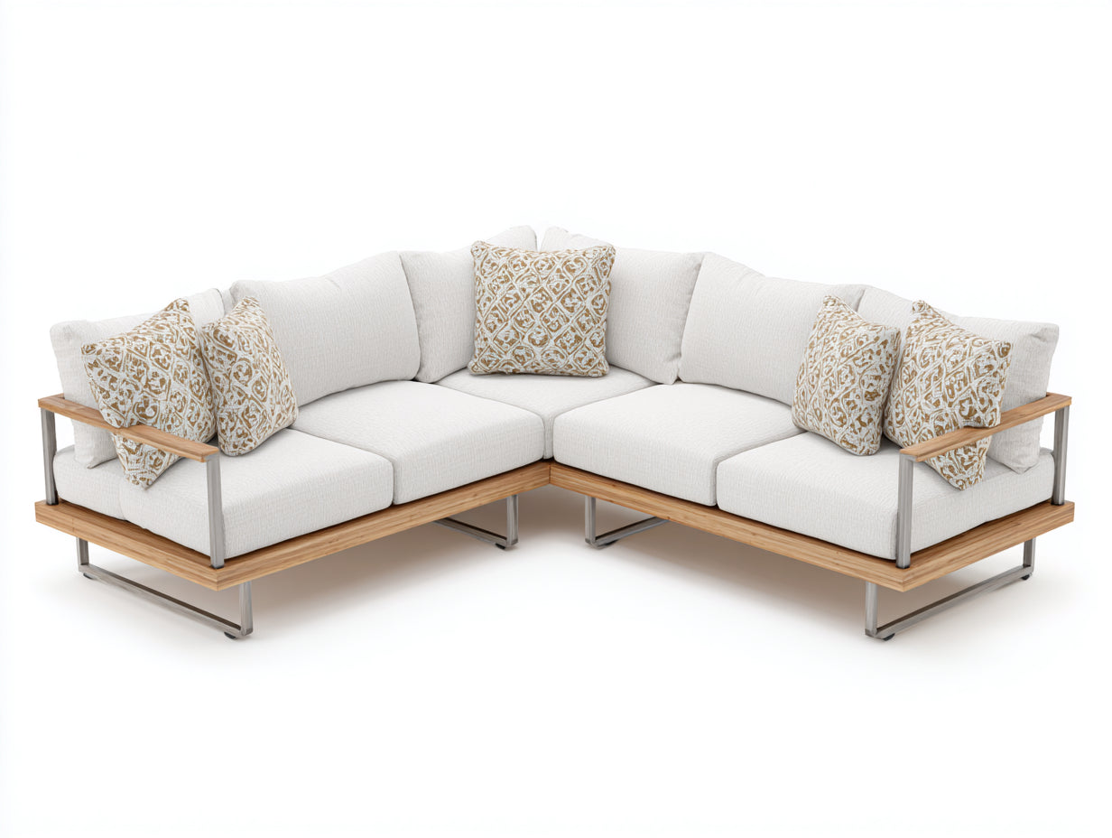Sofás de exterior de madera y metal 260x260x78 cm - beige-marrón-gris - diseño cuadrado moderno