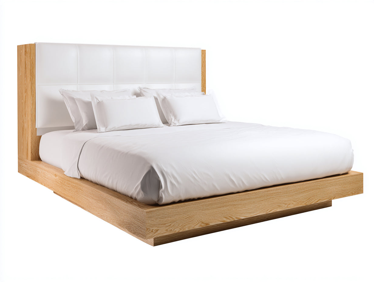 Camas dobles de madera con cabecero tapizado 210x175x110 cm - madera natural y blanco - diseño moderno para dormitorio
