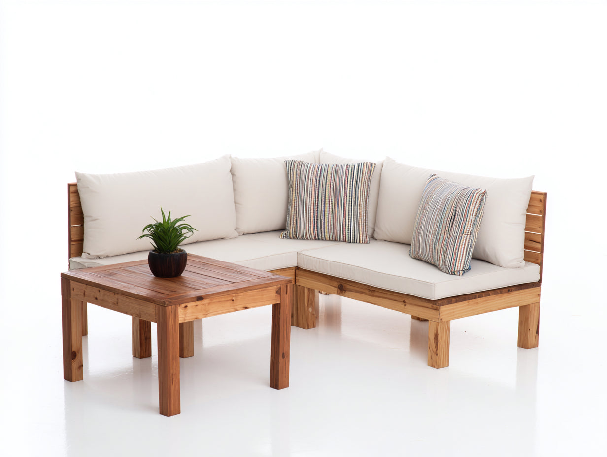 Sofás de exterior de madera 220x220x75 cm - marrón y beige - estilo natural con mesa de centro