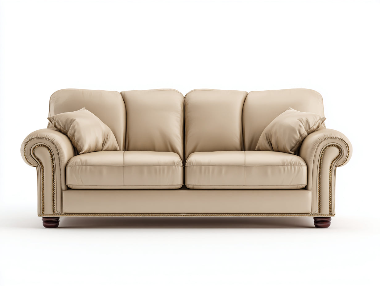 Sofás 2 plazas de cuero sintético 185x90x88 cm - beige-marrón - estilo clásico con brazos curvados